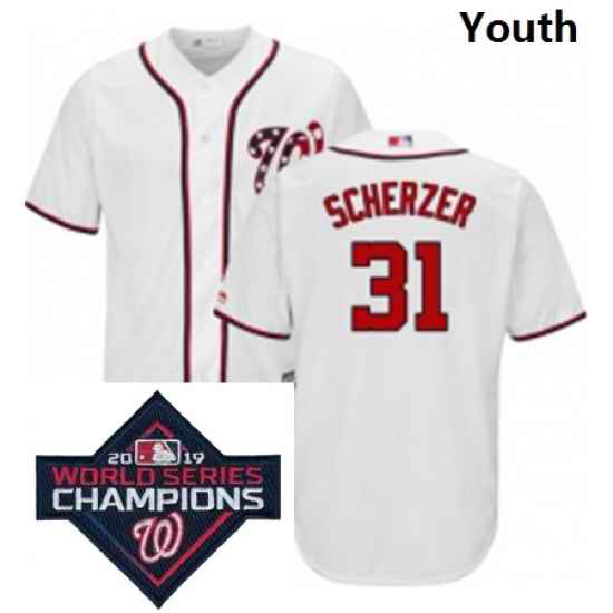 Youth Majestic Washington Nationals 31 Max Scherzer White Home Cool Base MLB Stitched 2019 World Series Champions Patch Jersey